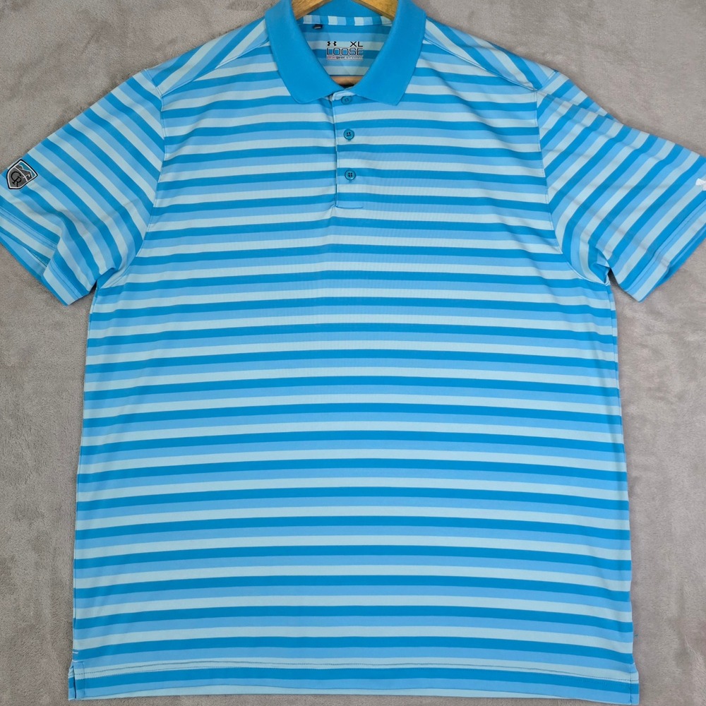 Under Armour Mens XL Blue Striped HeatGear Performance‎ Loose Gold Polo Shirt